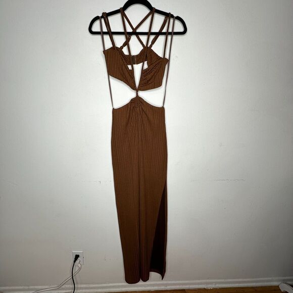 Rumer The Label Chocolate Ribbed Oasis Bandeau Style Cut Outs Lined Maxi S - Picture 4 of 16